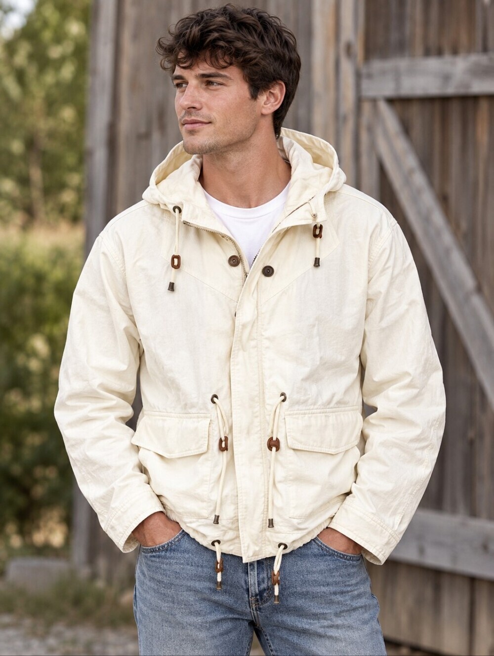 Vintage Express Men's XS Creamy White Hooded Jacket Barn Chore Fisherman Parka